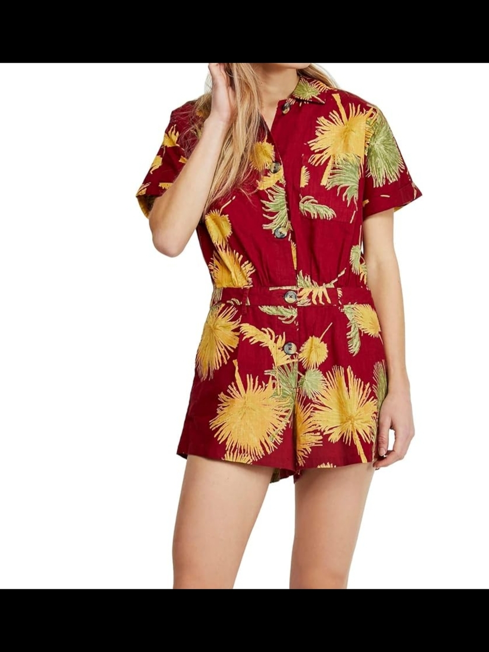 Red Floral Short Sleeve Romper with Yellow Palm Print